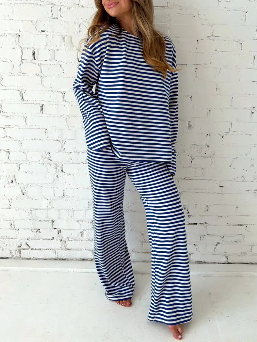 Womens Striped 2 Piece Lounge Set Long Sleeve Top Elastic Waist Wide Leg Pants Pajama Set
