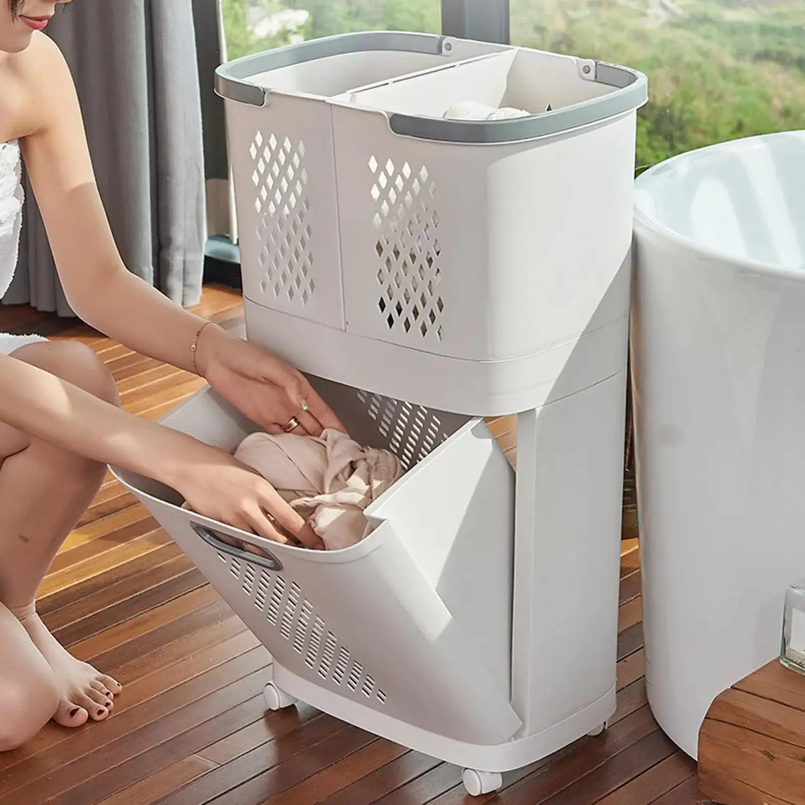 

New Off-White Laundry Hamper with Wheels - Durable Clothes Basket for Easy Storage & Mobility