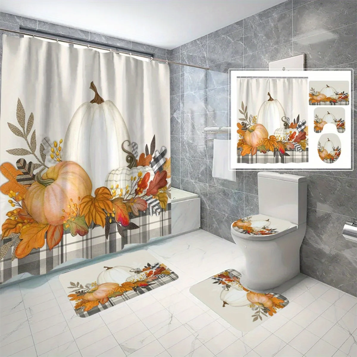 

4pc Thanksgiving pumpkin and plaid bathroom decoration, non-slip mat, U-shaped mat, toilet seat mat, shower curtain