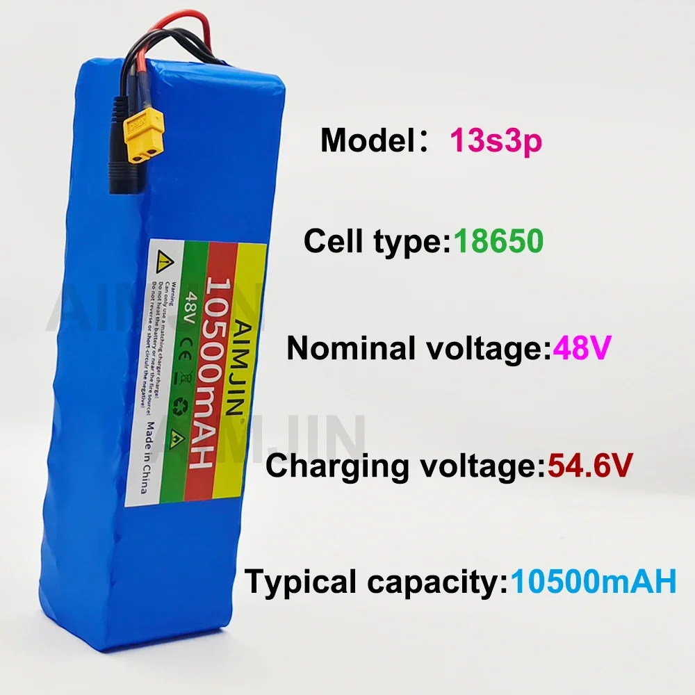 48V 10400mAh 13S3P 18650 แบตเตอรี่ลิเธียมไอออนพร้อมเครื่องชาร์จ BMS + 54.6V เหมาะสําหรับจักรยานและสกู๊ตเตอร์