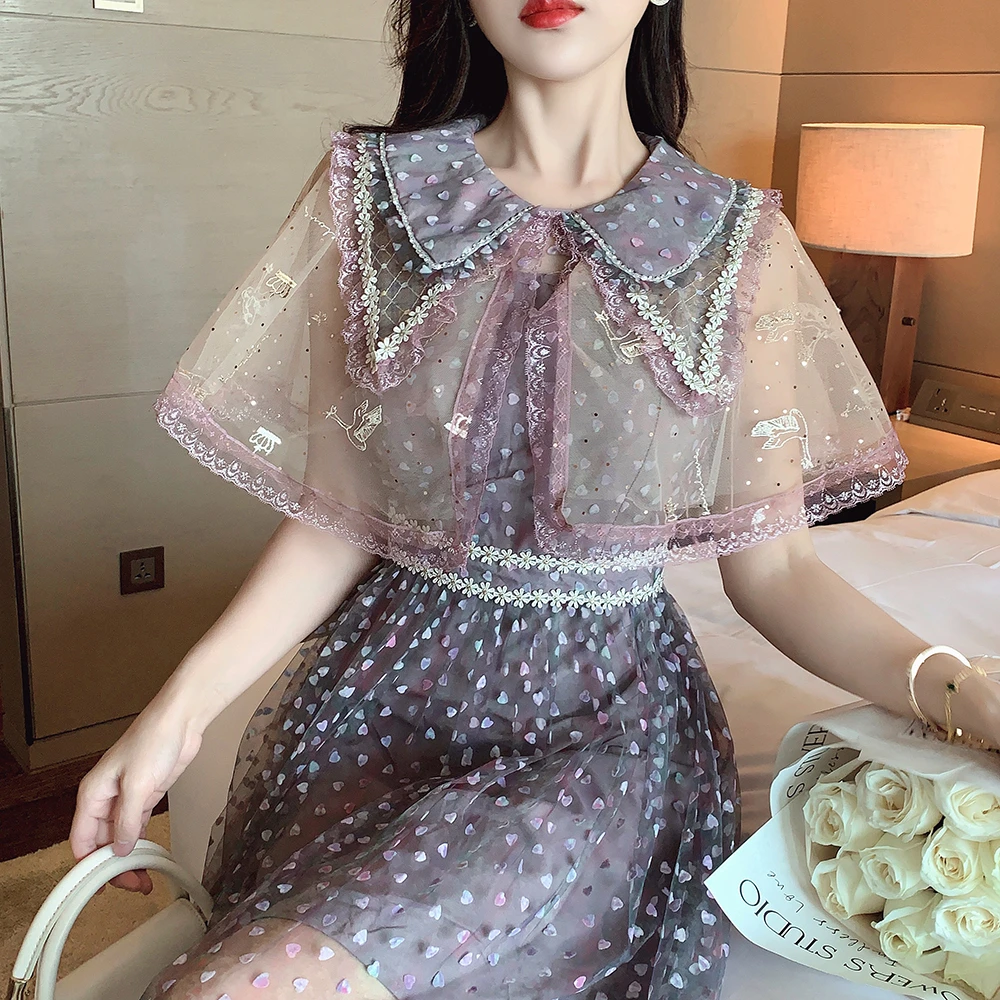 Sweet Love Flocking Light Purple Mesh Birthday Party Dresses Women Cloak Sleeve Lace Patchwork Embroidery Wedding Prom Dress