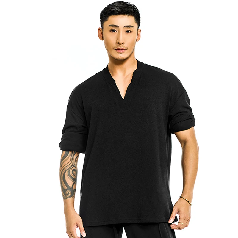 الذكور الصغيرة الخامس الرقبة طوق اللاتينية الرقص القمم للبالغين تشاتشا سامبا تانجو الحديثة ممارسة الملابس الرجال اللاتينية المرحلة الملابس DQS17835