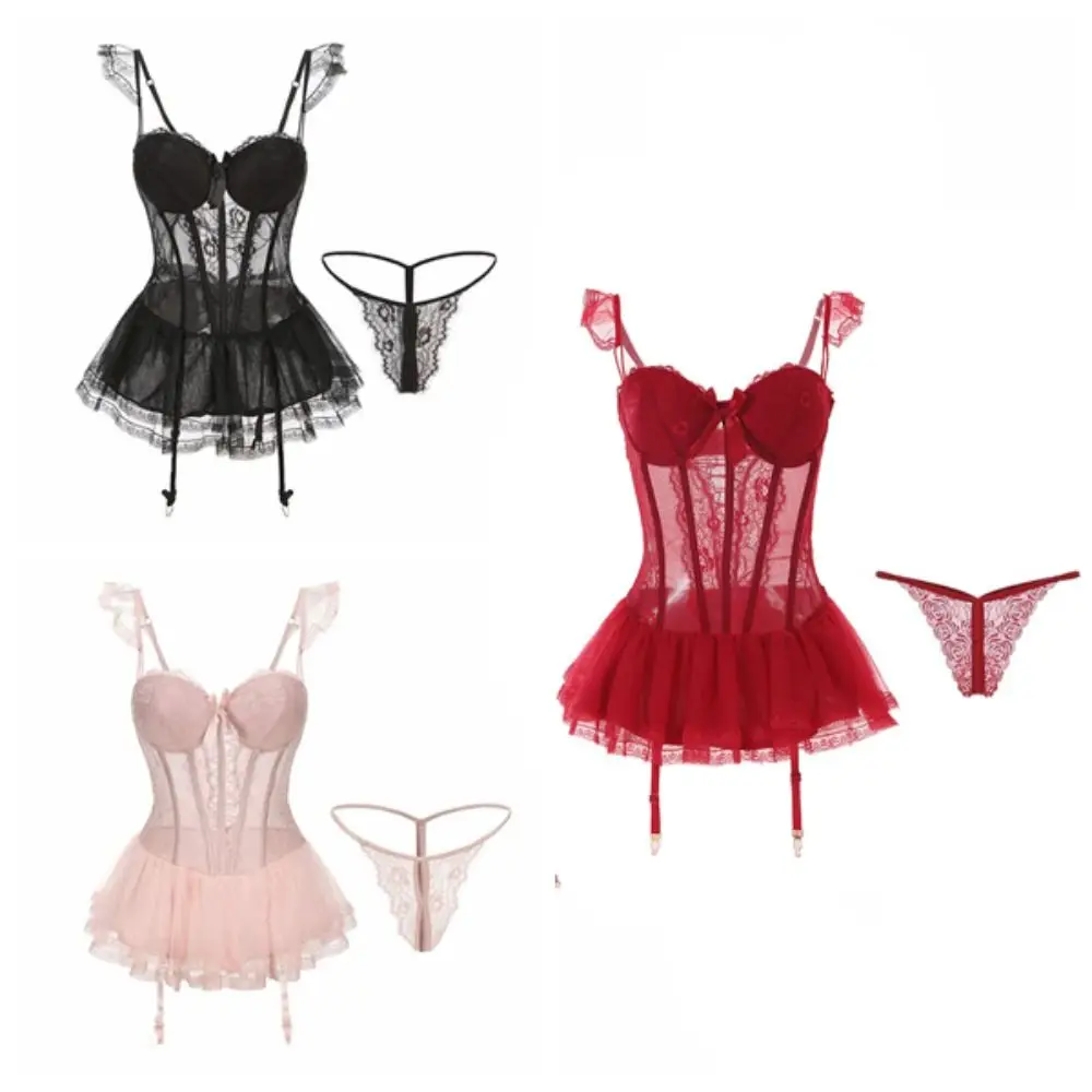 Пикантная кружевная ночная рубашка в стиле девушки с бантом, прозрачное женское белье без рукавов, сетчатая ночная рубашка, кружевная ночная рубашка на бретельках, домашняя