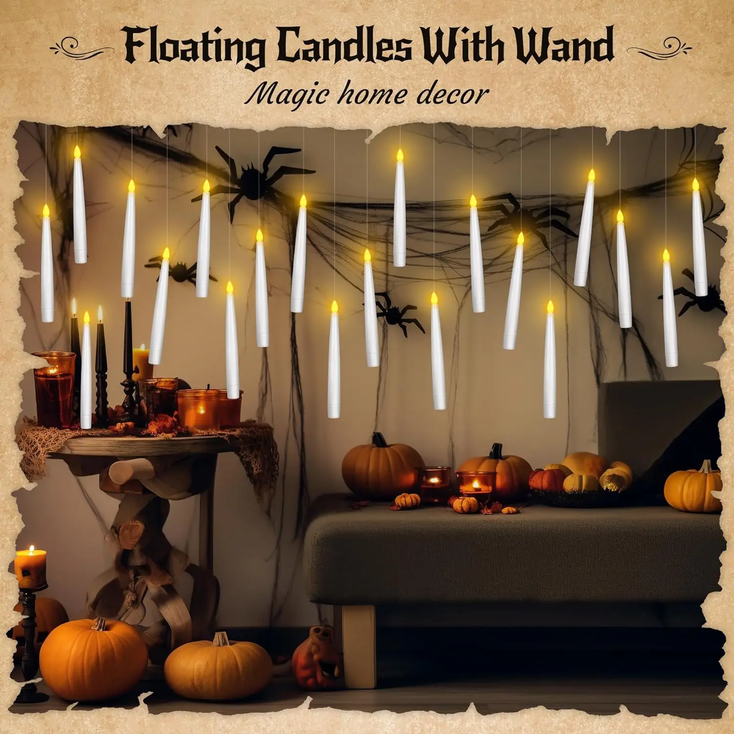 Halloween Decor Floating Candles with Wand Magic Hanging Candles with Remote Flameless Taper Led Candle Floating Window Candle