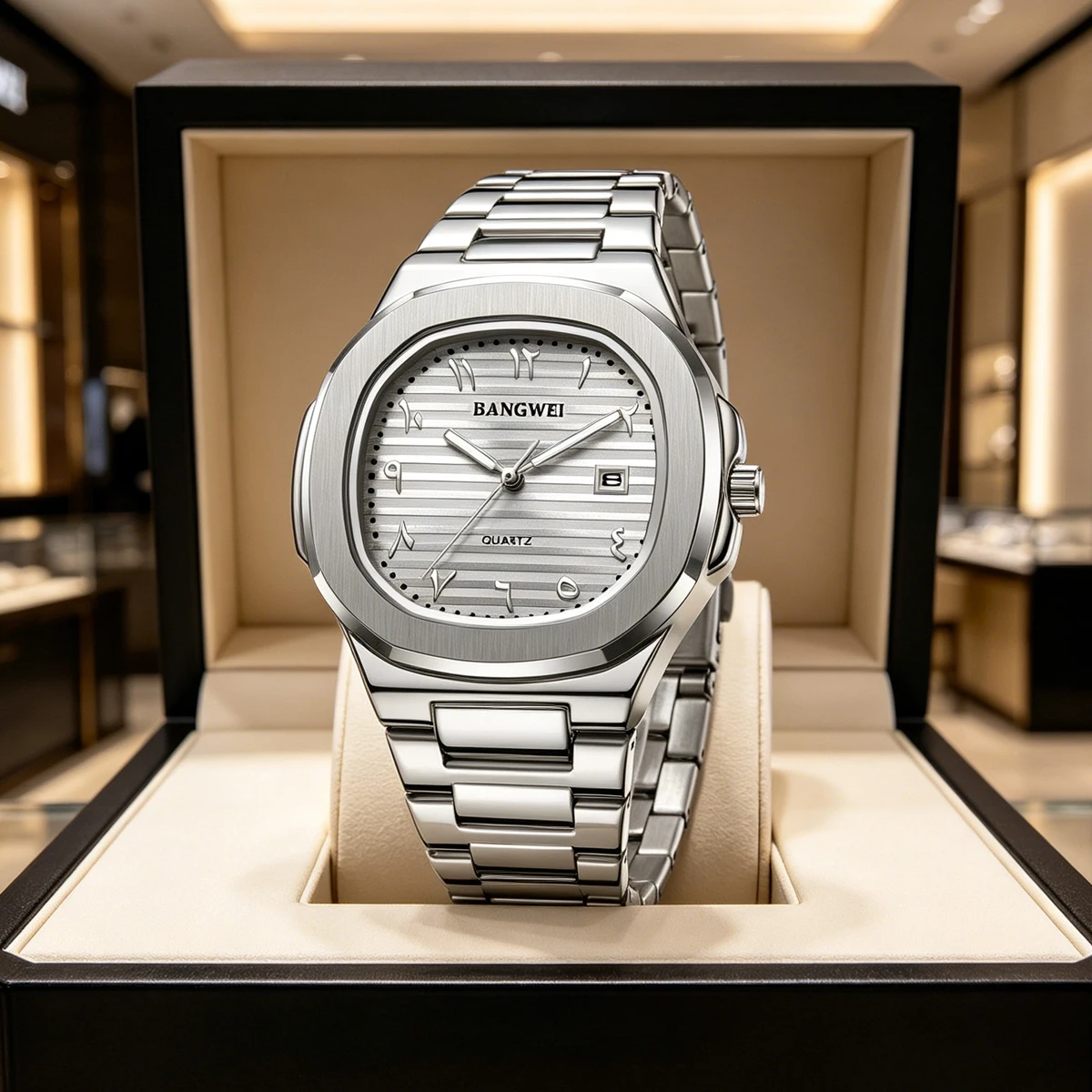 LIGE Fashion Luxury Business Square Quartz Watches Classic Stripe Design Dial with Stainless Steel Band Wristwatch for Men Relog