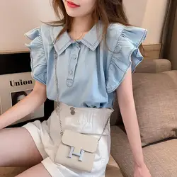 Pure Cotton Stringy Selvedge Flying Sleeves Doll Neck Shirt for Women's Summer New Korean Version Personality Unique Stylish Top