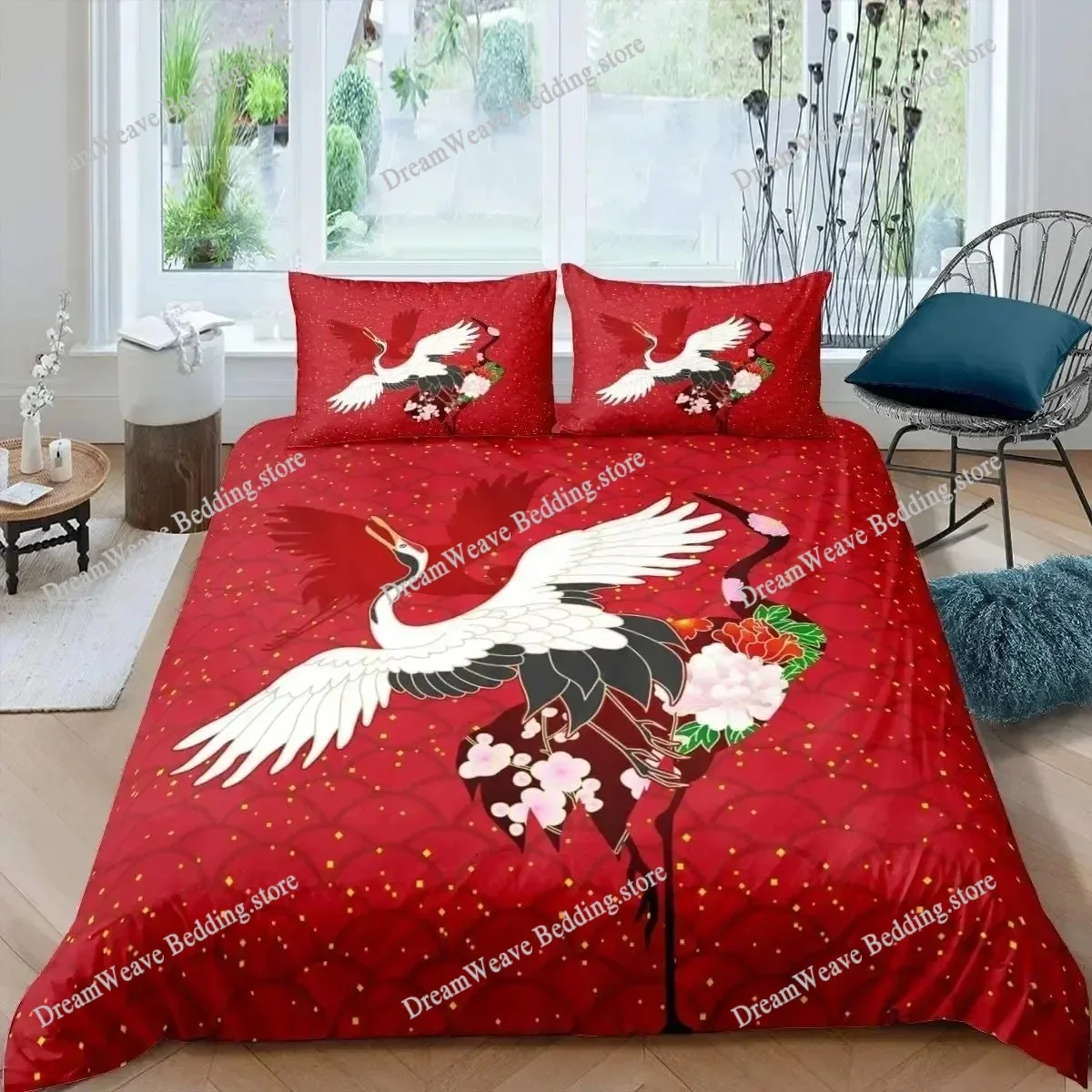 Japanese-Style Crane Duvet Cover Set Queen Size Cherry Blossoms Bedding Set Women Girls Japanese Traditional Quilt Cover