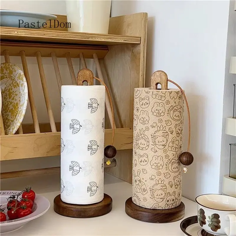 Wooden Vertical Paper Towel & Disposable Rag Holder, Acacia Wood Kitchen Tissue Reel Storage Rack for Counter Daily Use