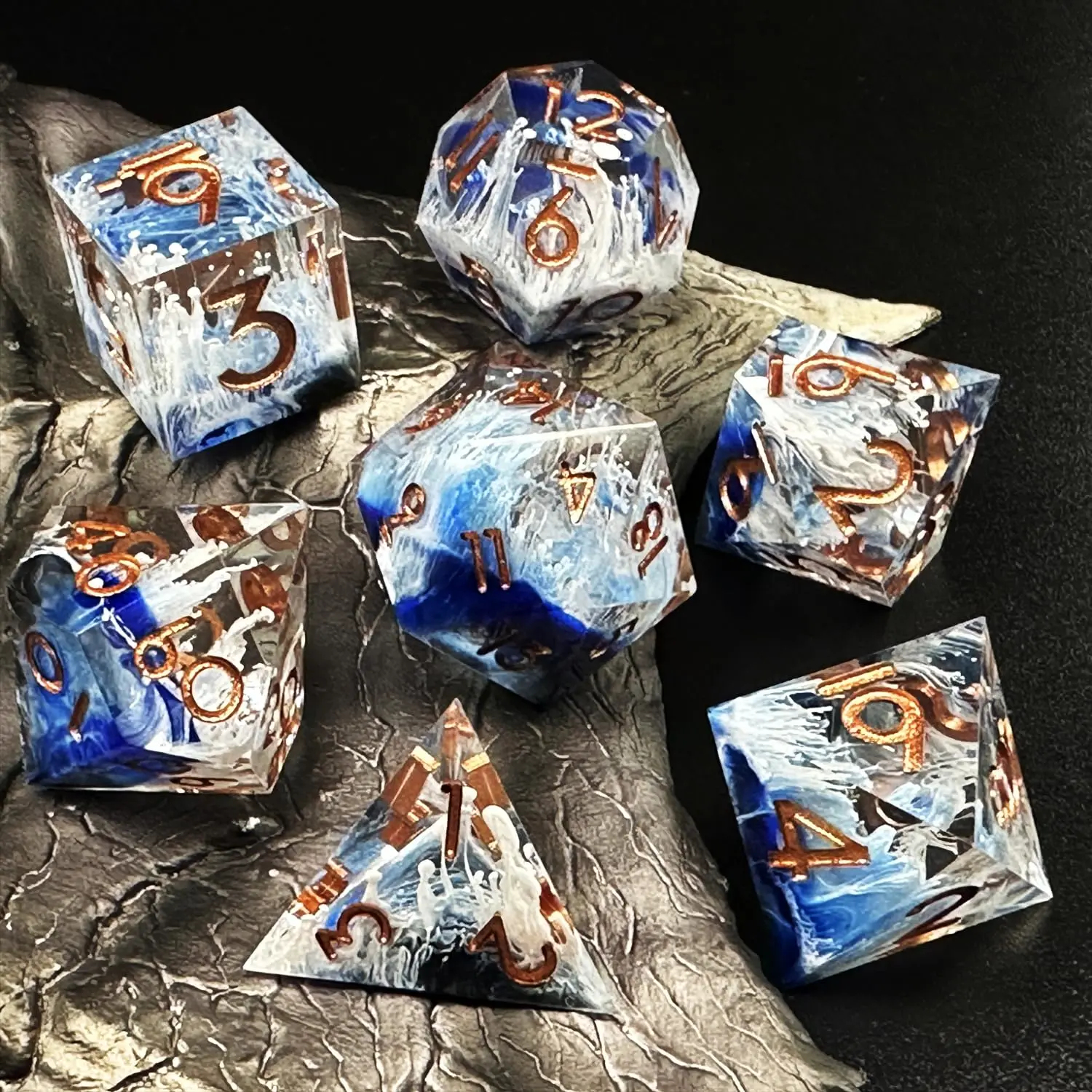 7pcs Semi-Transparent Handmade Resin Polyhedral Dice Set for DnD, RPG Board Games - Includes D20, D12, D10, D8, D6, D4