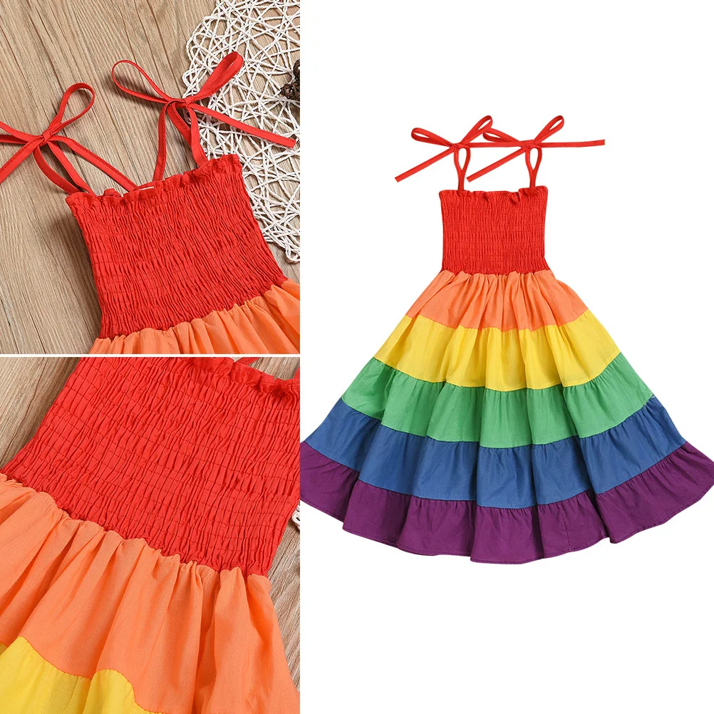 

Rainbow Dress For Girls Colorblock Sleeveless Skirt Shiny Party Performance Costume Beach Wear Kids Sleepover Outfit Fit 110Cm