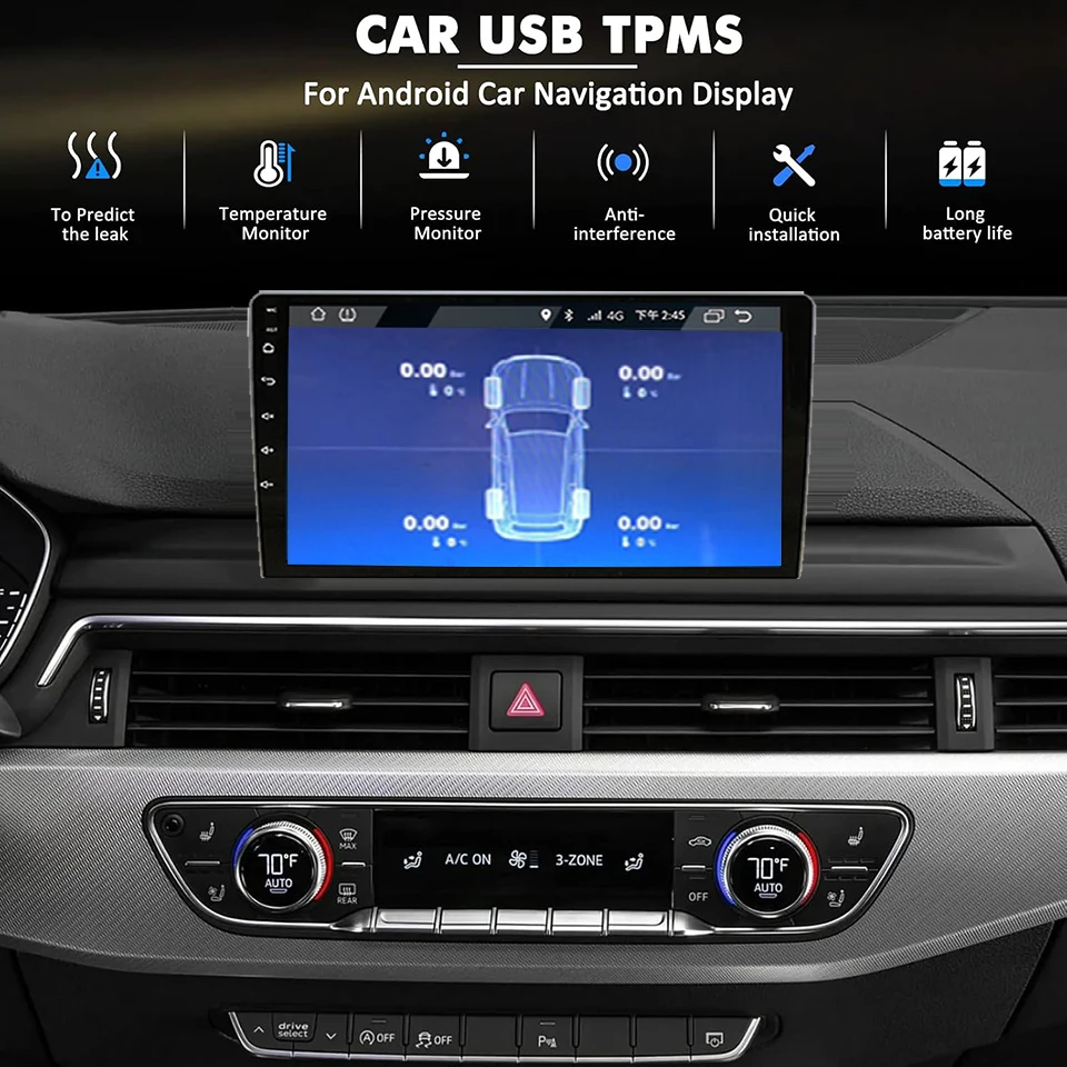Tire Pressure Monitoring System TPMS for Android Navigation 6 Alarm Modes 4 Sensors Android TPMS See Data on Car Screen