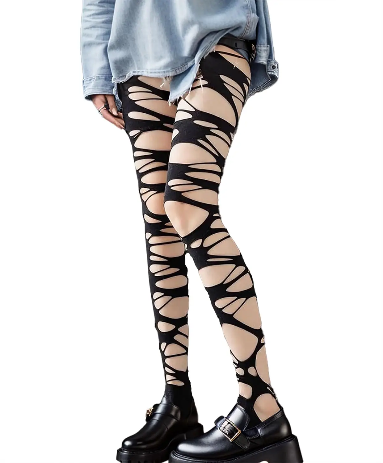 Women Gothic Punk Ripped Fishnet Tights Irregular Distressed Ragged Pantyhose Y2K Asymmetric Spider Web Leggings Sexy Lolita Stockings For Halloween Party Dating Daily Women Gift