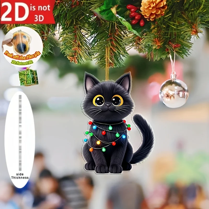 Black Cat Christmas Tree Ornament, Acrylic Xmas Tree Hanging Decoration, And Gift Decor With Expressive Eyes And Tabby Face