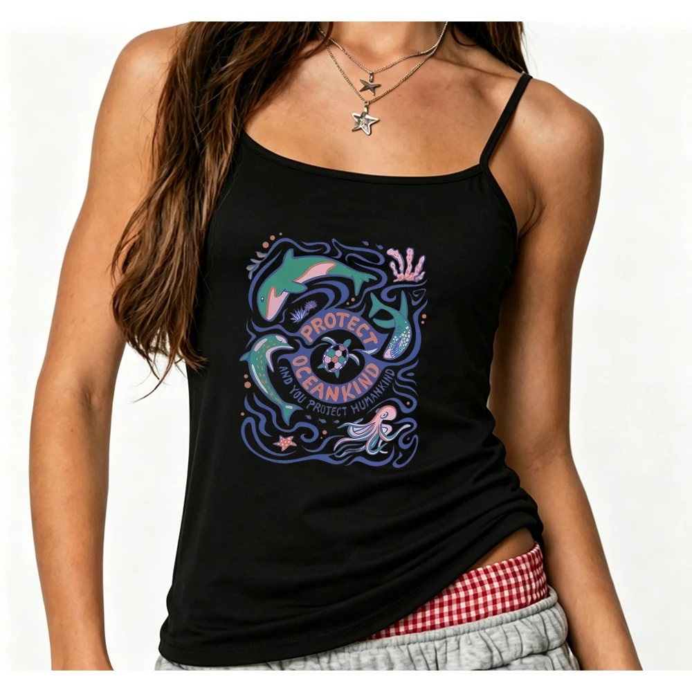Summer Y2K Save The Ocean Camisole Women Sea Creature Graphic Tank Top Sleeveless Vest Casual Beach Holiday Travel Outfit