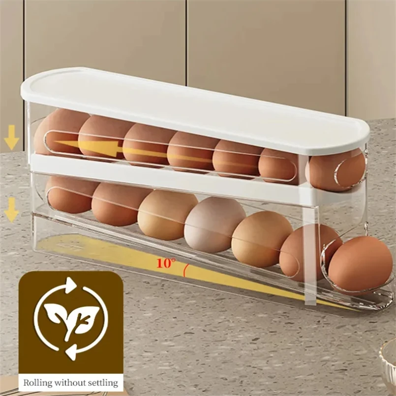 Bilayer Fridge Egg Storage Box Automatic Rolling Eggs Holder Rack Ladder Style Refrigerator Eggs Dispenser Egg Organizer Holder