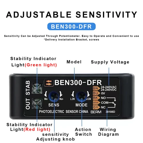 Imagen 2 del producto Sensor Fotoeléctrico de Haz Pasante Difuso y Retro-Reflexivo AUCHTEL de 30cm, 50cm, 70cm, 5m, 10m, Modelos BEN300-DFR, BEN5M-MFR, BEN10M-TFR