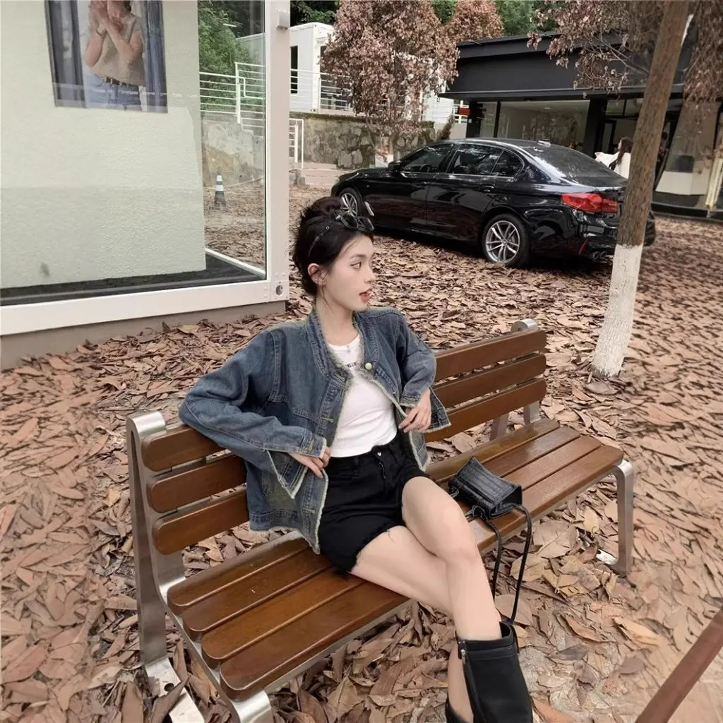 Women's Vintage Design Sense Rust Collar Jacket Loose Slim Fit Denim Jacket for Spring And Autumn Small Men's Style