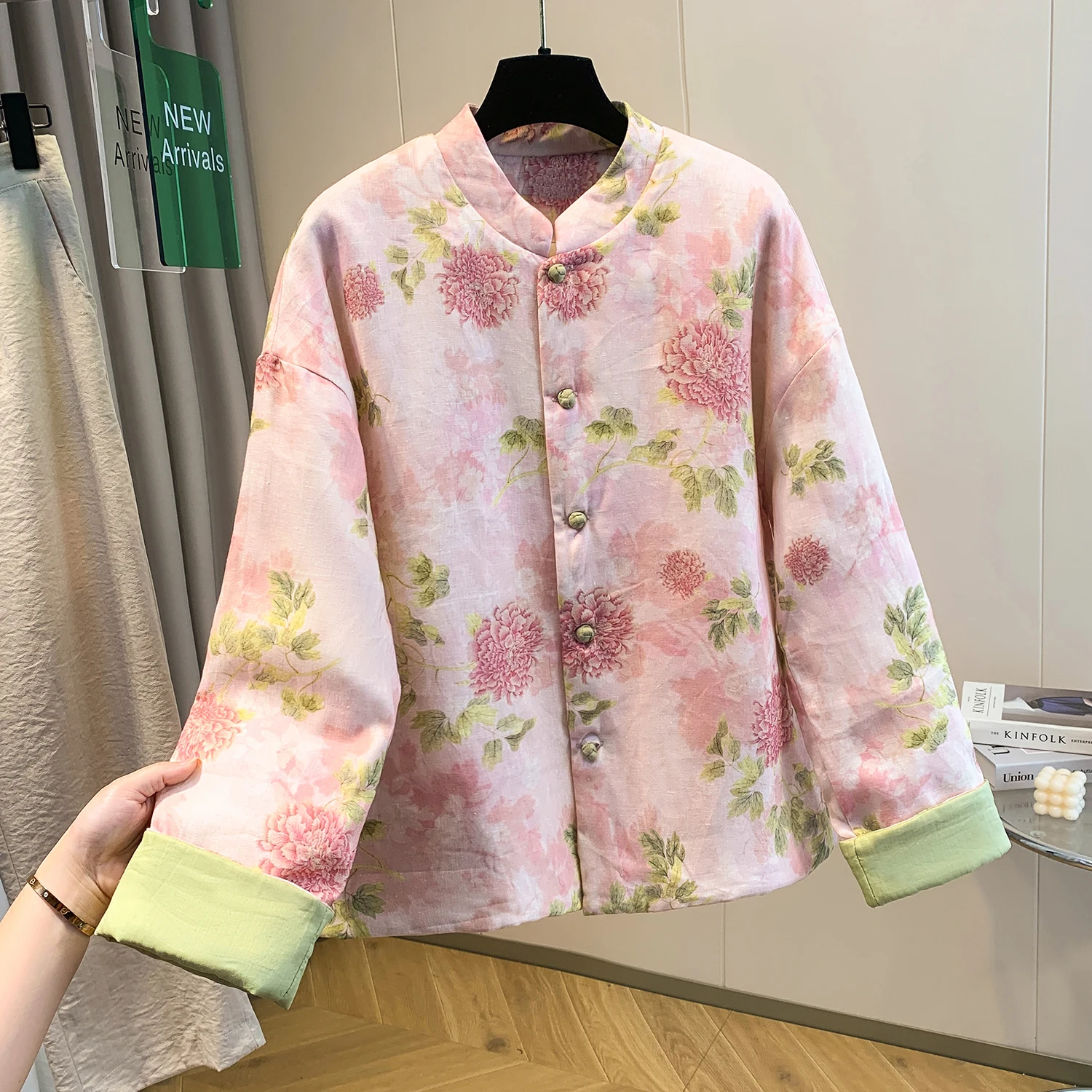 

Теплая хлопковая куртка с принтом, воротником-стойкой и пуговицами, в традиционном китайском стиле, зимняя верхняя одежда, утепленное женское пальто с длинными рукавами