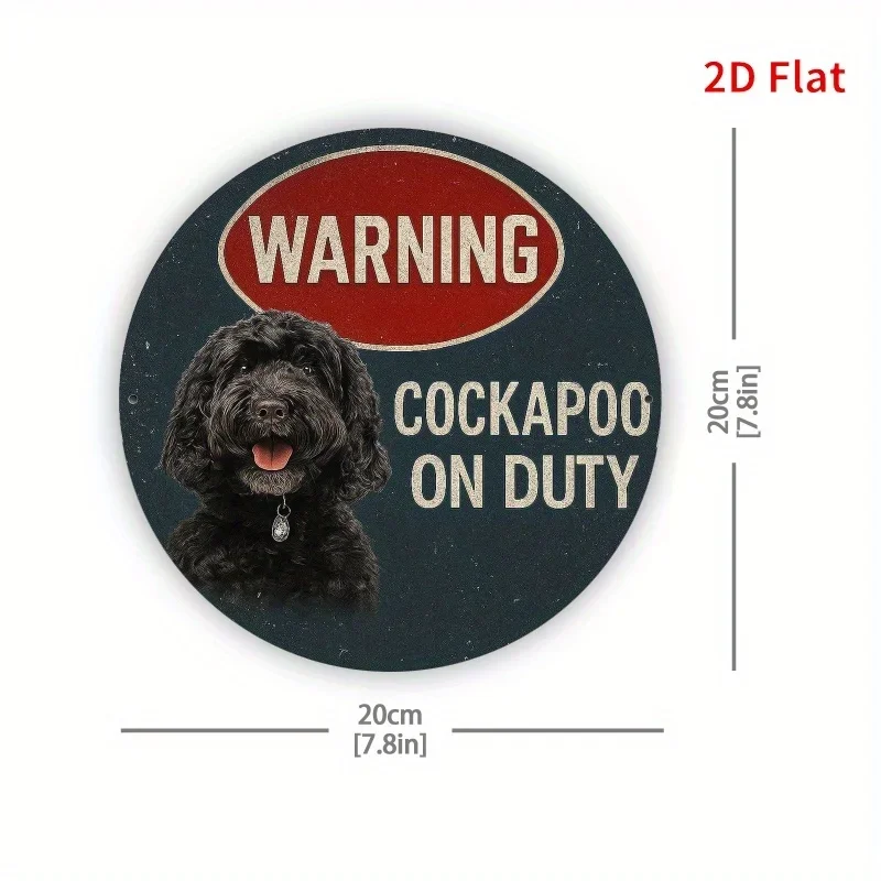 Funny Warning Black Dog Metal Plaque Sign - Cockapoo-Themed 2D Flat Print Pet Lover Gift, 20x20cm/7.8x7.8in Dark Blue & Red Bord