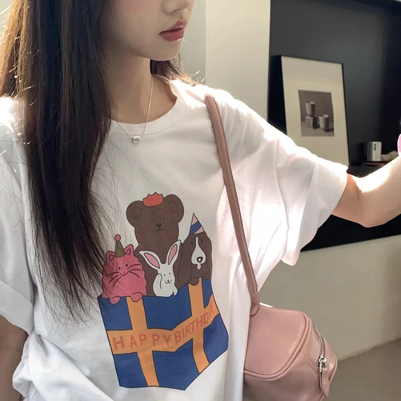 Women T-shirt Summer New Cute Birthday Animal Print Y2k Tops Sweet Loose Casual Versatile Tees Female Graphic T Shirts