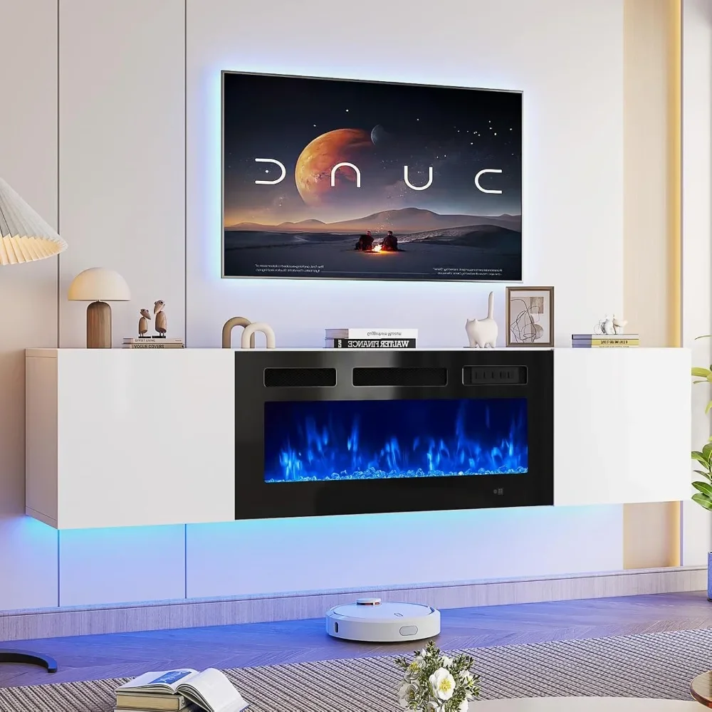

70" Floating TV Stand with 36" Electric Fireplace, Wall Mounted Fireplace Entertainment Center, TV Console with Fireplace