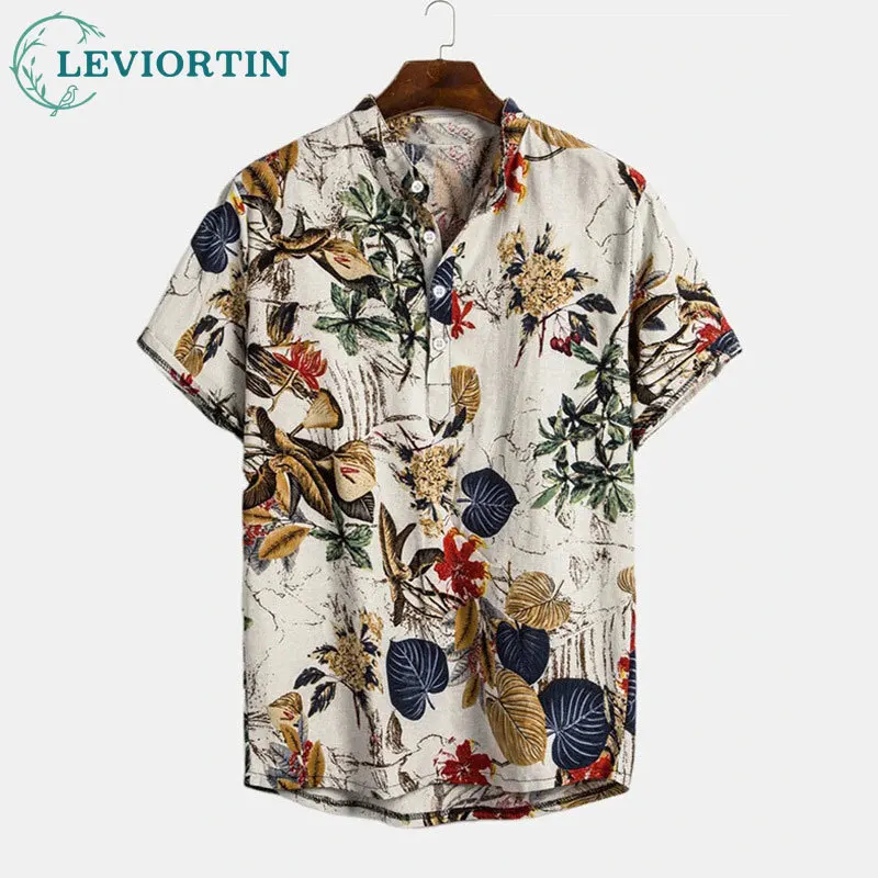 2025 Summer new ethnic style men's casual loose standing collar plant flower short sleeved shirt cotton linen thin shirt