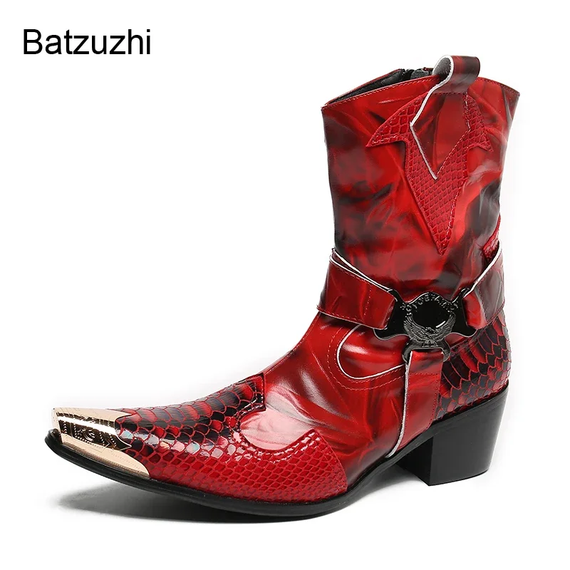 Batzuzhi 6.5cm High Heels Men's Boots Shoes Metal Toe Red Leather Boots Men Medium Long Motorcycle, Cowboy, Party Boots for Men