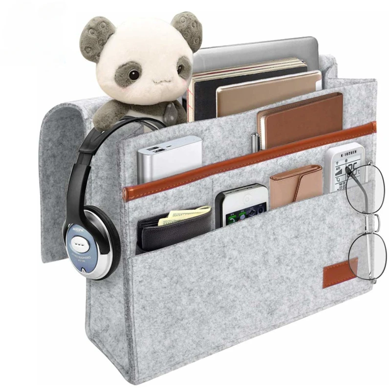 1pc Stylish Bedside Hanging Storage Bag with Phone Remote and Tissue Holder Dormitory Felt Bedside Hanging Organizer