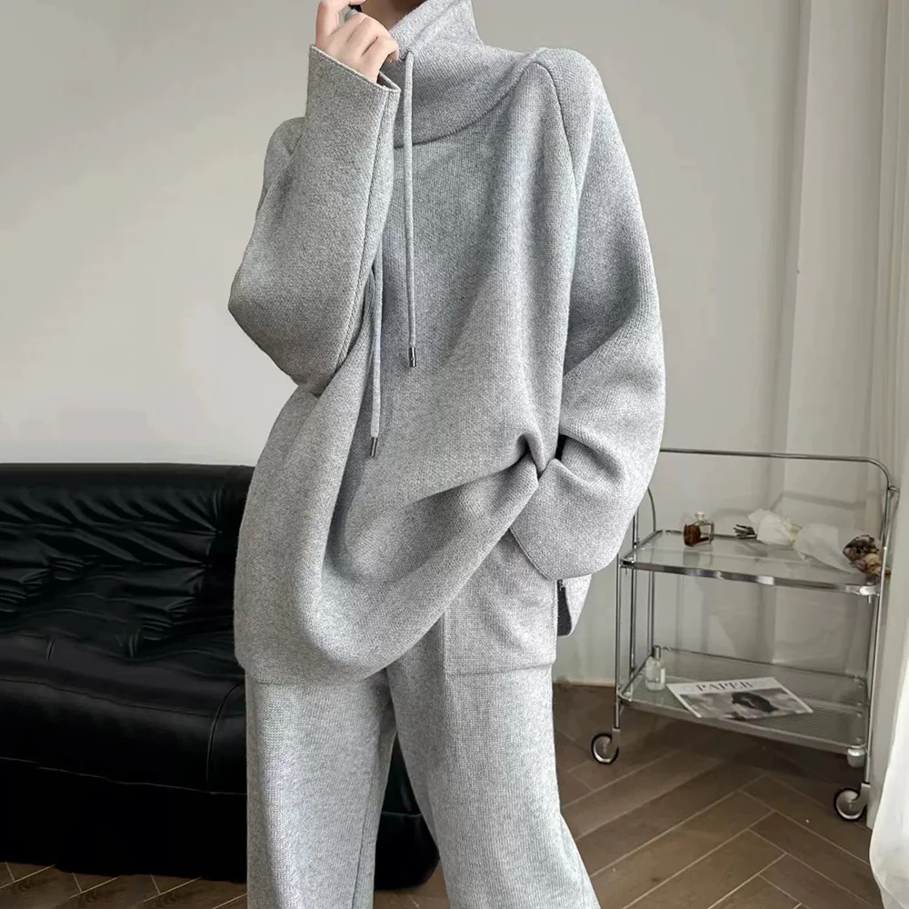 TWOTWINSTYLE Solid Two Piece Sets For Women Hooded Long Sleeve Sweatershirts High Waist Wide Leg Pant Minimalist Set Female New