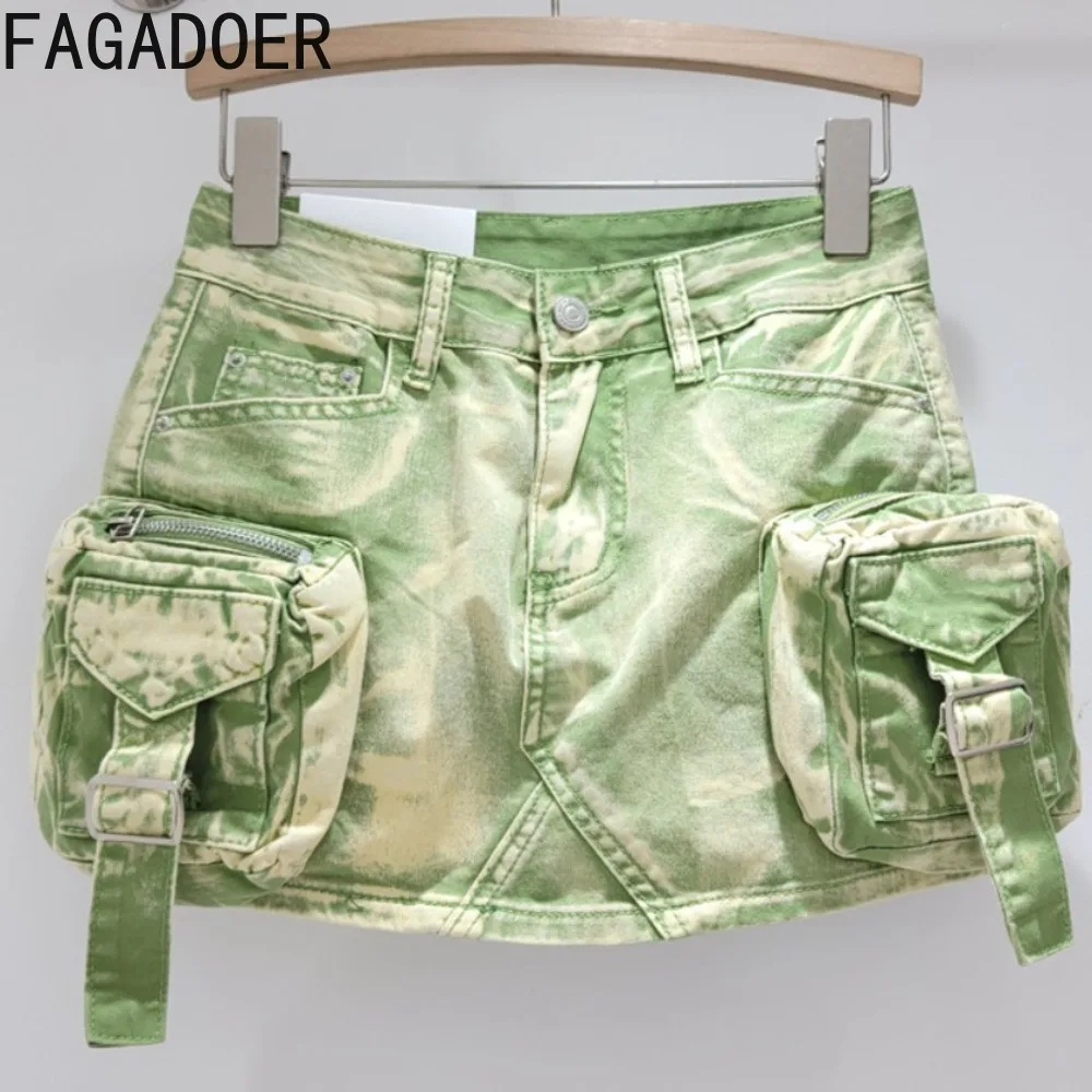 

FAGADOER Retro Gradient Fashion Streetwear Women High Waist Button Pocket Slim Denim Skirts Summer New Hot Girl Mini Skirts 2024