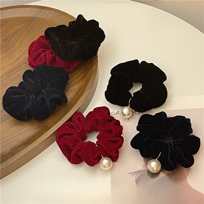 

Black Red Velvet Hair Scrunchies Simple Pearl Rubber Bands Hair Ties Korean Style Solid Color Glitter Shining Fabric Hair Ropes