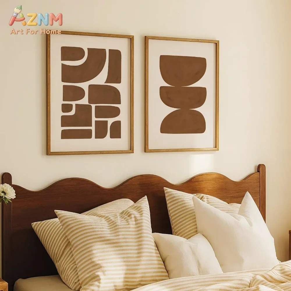 AZNM Frameless Canvas Poster Neutral Brown Abstract Geometric Print, Boho Mid Century Modern Shapes Minimalist Art Wall Picture