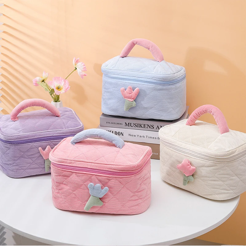 Dompet bunga Tulip modis wanita, tas kosmetik bepergian kapasitas besar, penyimpanan ritsleting, Organizer Makeup portabel