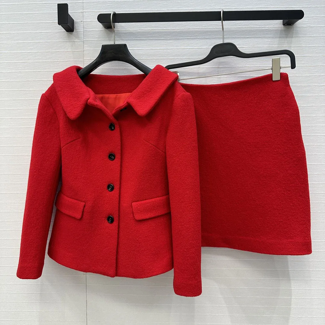 

Vintage Chic 70% Woolen Coat Women Two Pieces Set Lapel Single Breasted Slim Fit Solid Color Sweet Elegant Winter Jacket