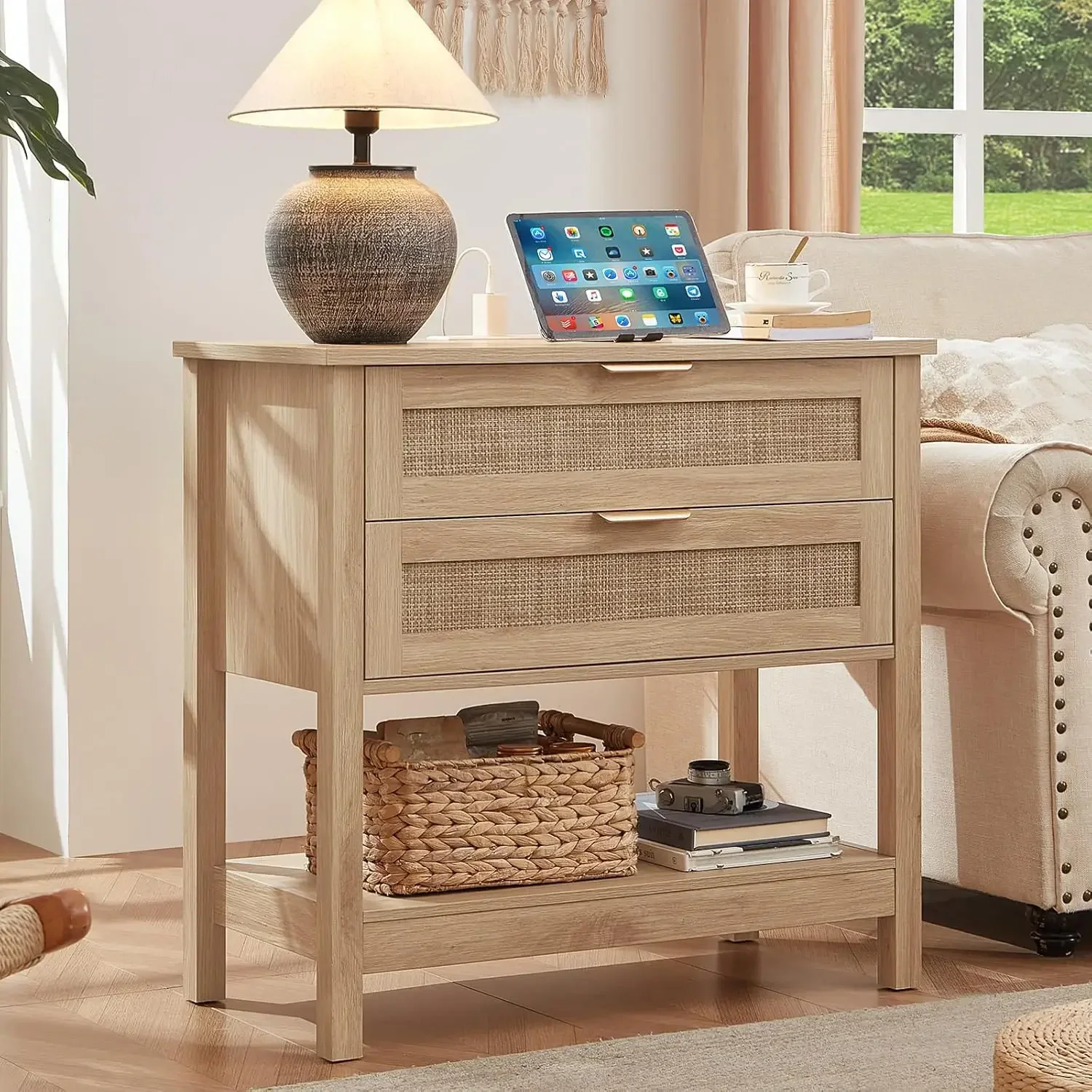 Natural Rattan Night Stand Charger Station Two Drawer Oversized Boho End Table Tall Bedside Table For Bedroom Living Room Hallwa