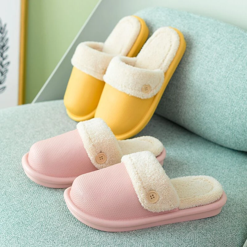 Removable Fleece Lining Furry Slippers Women Winter Non Slip Waterproof Slippers Couple Plus Size Soft Sole Warm Fur Shoes Flat