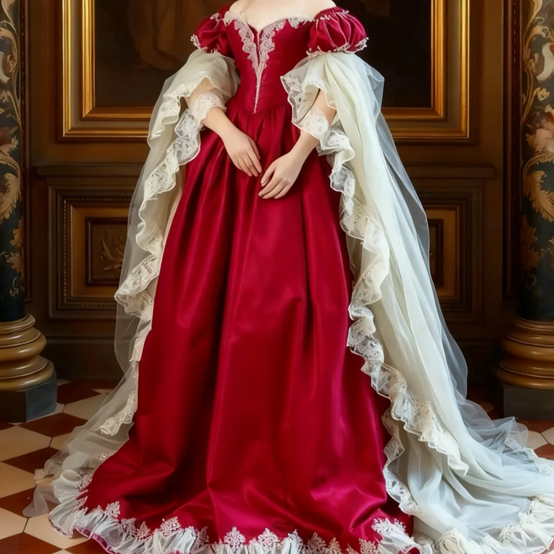 버건디 중세풍 이브닝 드레스, 퀸 메리 스타일 디자인, 오프숄더 디자인, 트레인 레이스 러플 볼 가운, 맞춤 제작