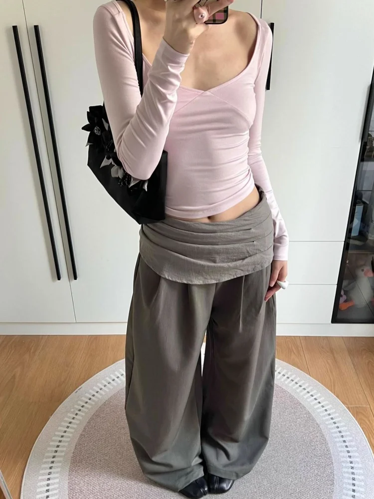 Retro American Folded Casual Pants Women's Autumn New Style Street Color Block Wide Leg Pants Asymmetrical Design