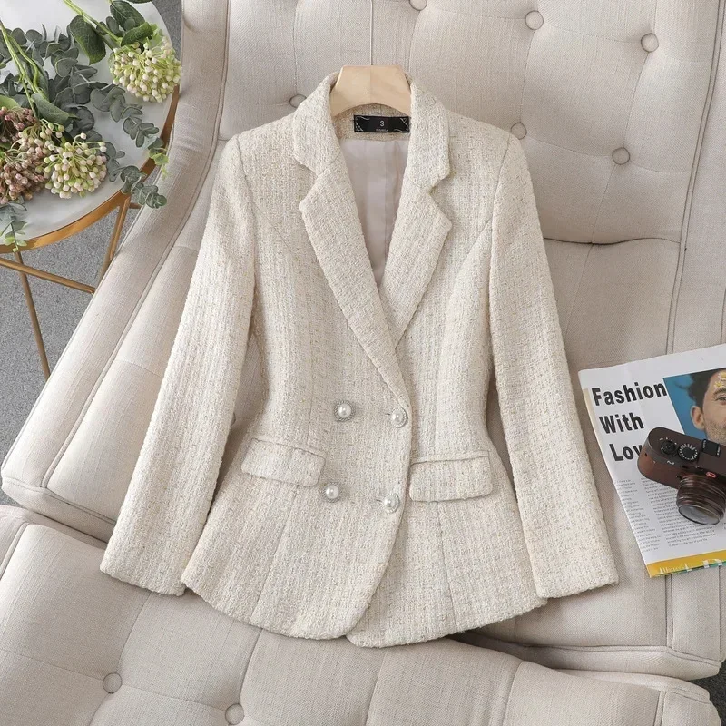 Women's Autumn Winter Woolen Blended Coat New Fashion Plaid Tweed Coat Elegant Women's Clothing Blazers Female Outerwear A163