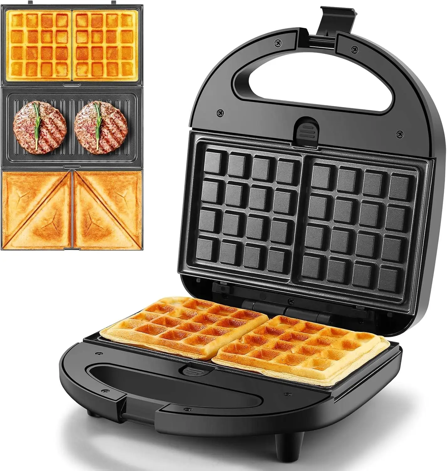 3 in1 Sandwich Maker Panini Press Waffle Iron Set with 3 Removable Non-Stick Plates 750 W Toaster Perfect for Sandwiches Grilled