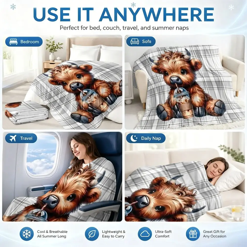 Cute Highland Cow Plaid Print Q MAX 0.3 Cooling blanket Country Cottage Reading Lap Cool Comfort Blanket