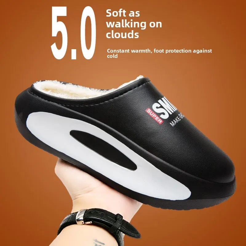 

Men's Winter Indoor Home Slippers Fleece Lined Warm Cotton Shoes Outdoor Waterproof Non Slip Thick Bottom Heightened Toe