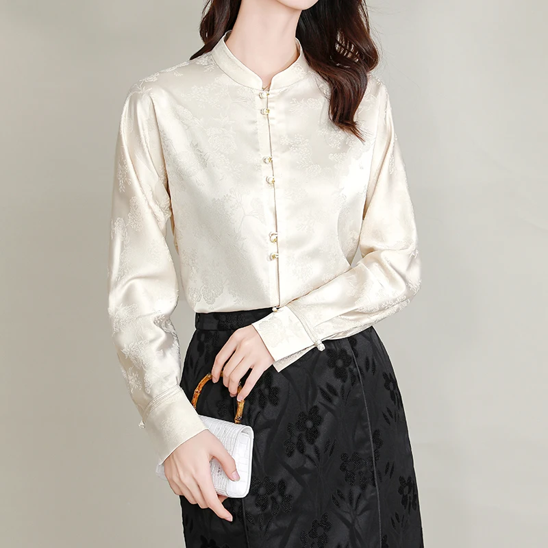 

Chinese Style Stand Collar Long Sleeve Single-Breasted Women Shirts Elegant Blouse Female Spring Fall Tops Apricot Shirts