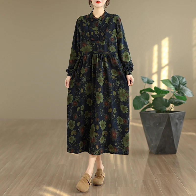 

Retro Print Loose Dstring Cotton Linen Dr Slim V-Ne Long Sve A-Line Long Casual Dr Autumn New Arrival