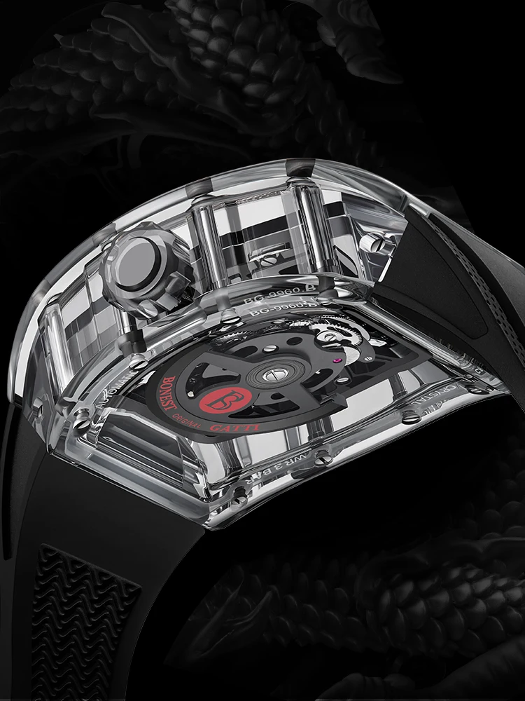BONEST GATTI Men Automatic Watch Tonneau Mechanical Wristwatch Crystal Case Sapphire Luminous Fluororubber Strap Dragon Dial