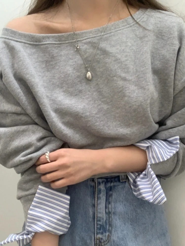 肩出し長袖トレーナー レディース ルーズフィット カジュアル シック 春 トップス ワンピース 韓国風 ショート丈 クルーネック