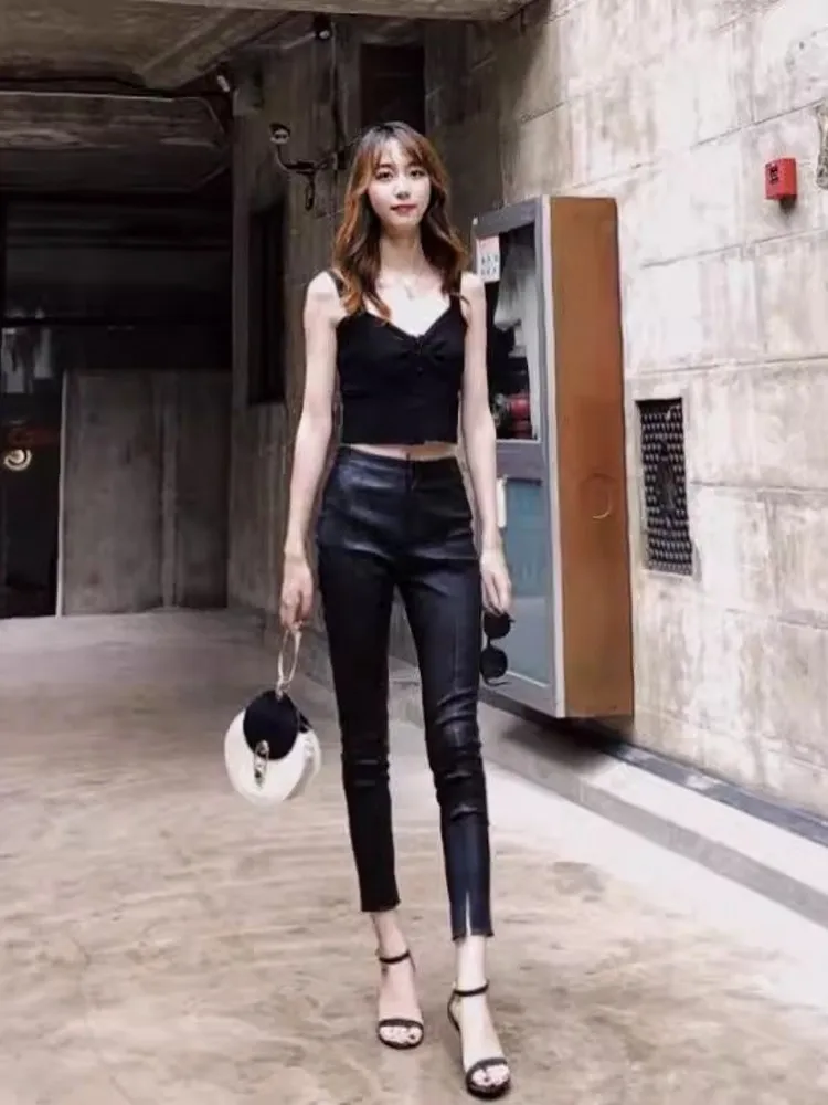 New Women Sheepskin Genuine Leather Pencil Pants Spring Autumn Slim Fit Stretchy Ankle Length Trousers Leather Motorcycle Pants - Image 3