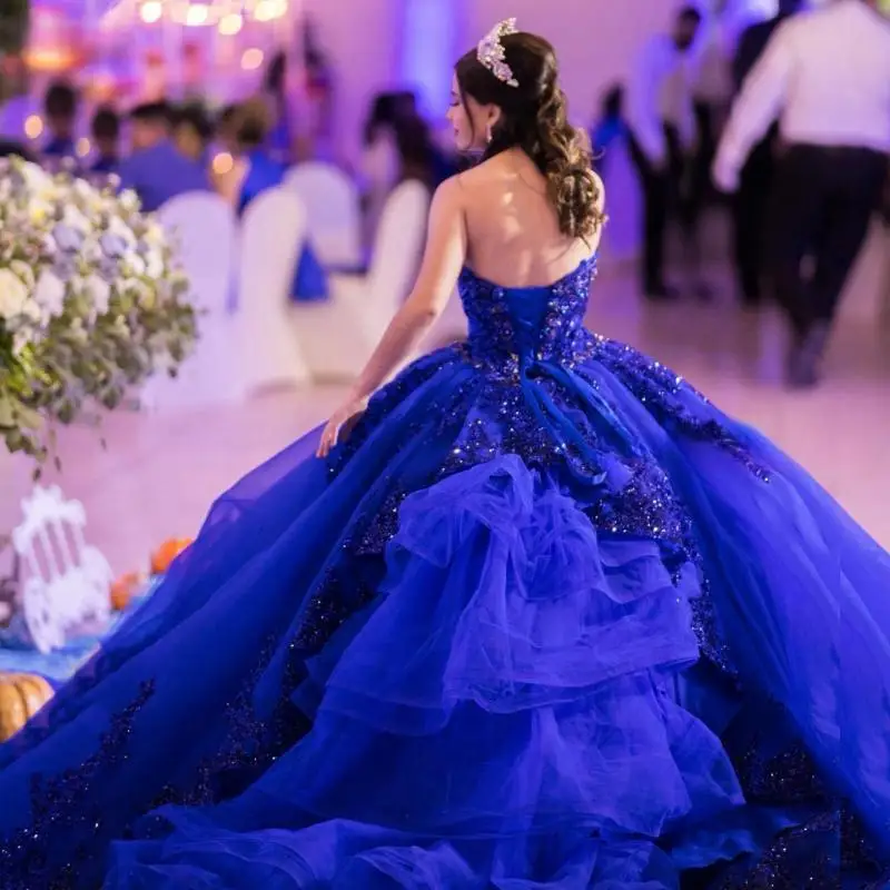 

Glitter Royal Blue Quinceanera Dress Ball Gown Lace Applique Beading Ruffles Corset Sweet 16 Vestidos De 15 Años