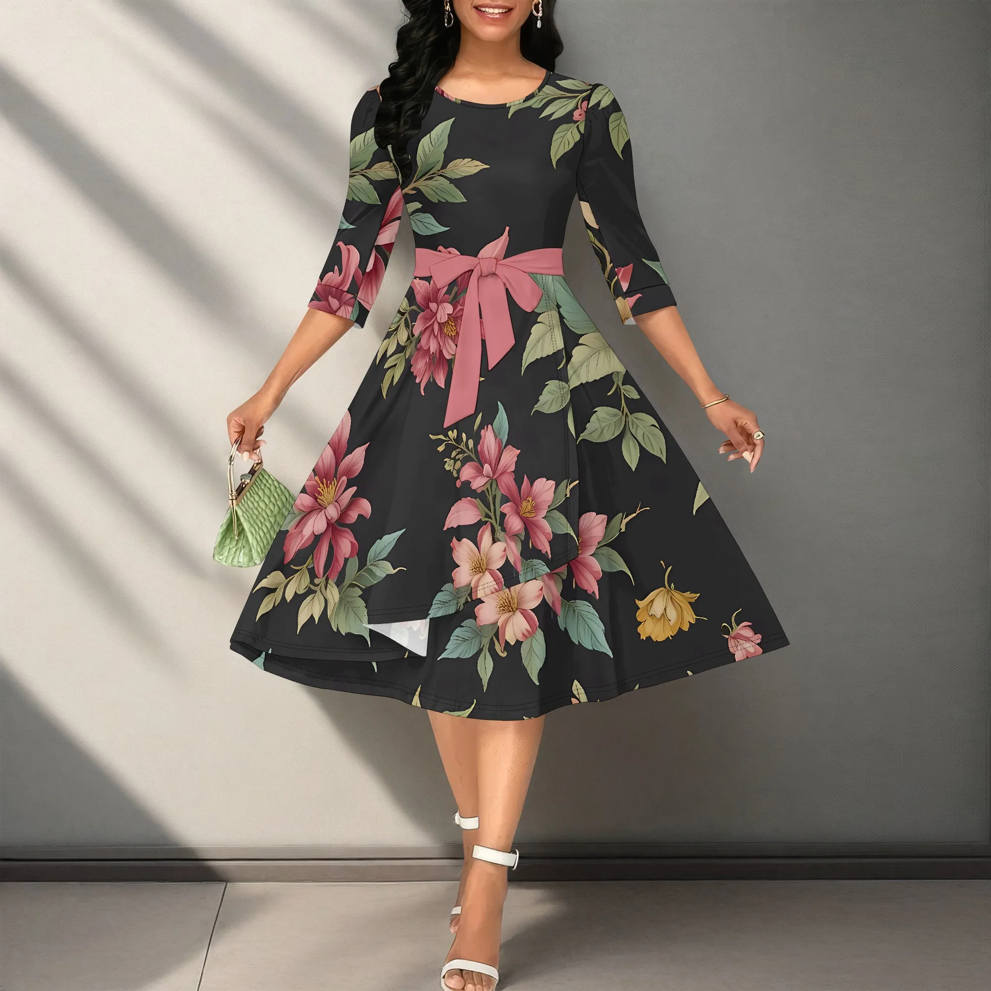 

Women's Black Floral Three-Quarter Sleeve Printed Dress Polyester A-Line Knee Casual Fall Stylish