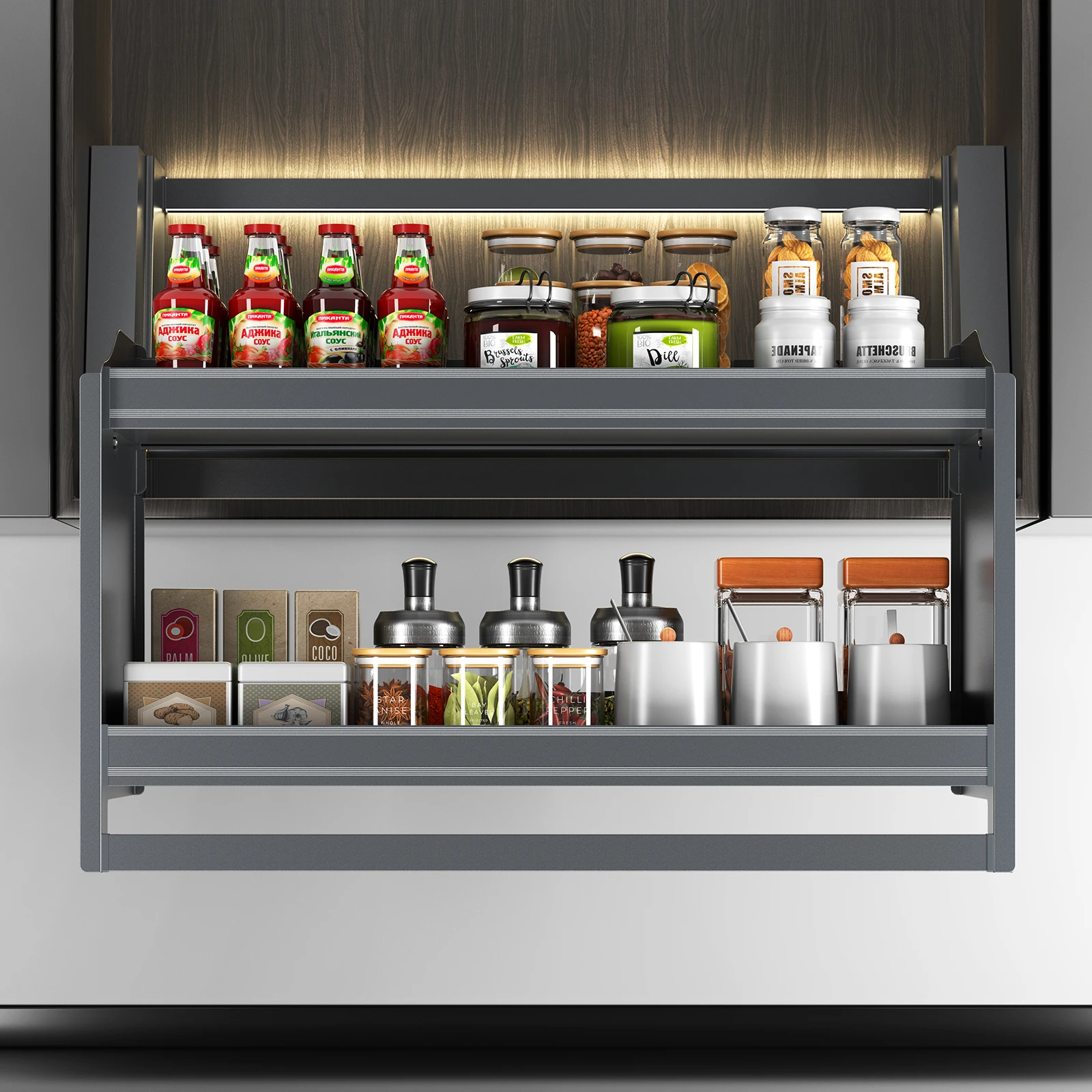 AngelParticle inteligente de temperos AngelParticle para gabinete, prateleira retrátil com interruptor de toque para armários superiores com iluminação sob o armário